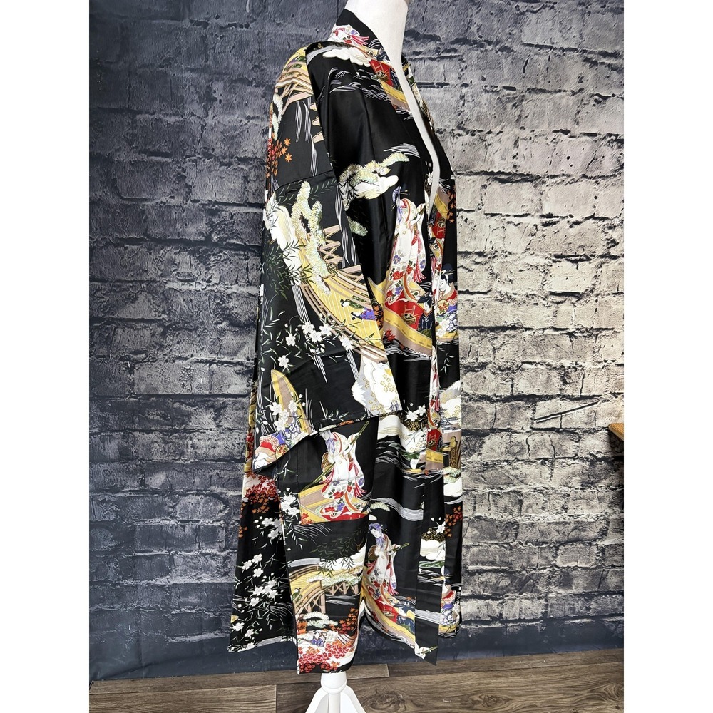 Oriental Bazaar Kimono Robe Womens XL Black Cotton Belted Floral Scenic Print - Picture 3 of 14